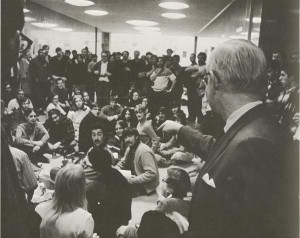 Student demonstration in 1968 or 1969. Courtesy of IU Archives, P0042951. 