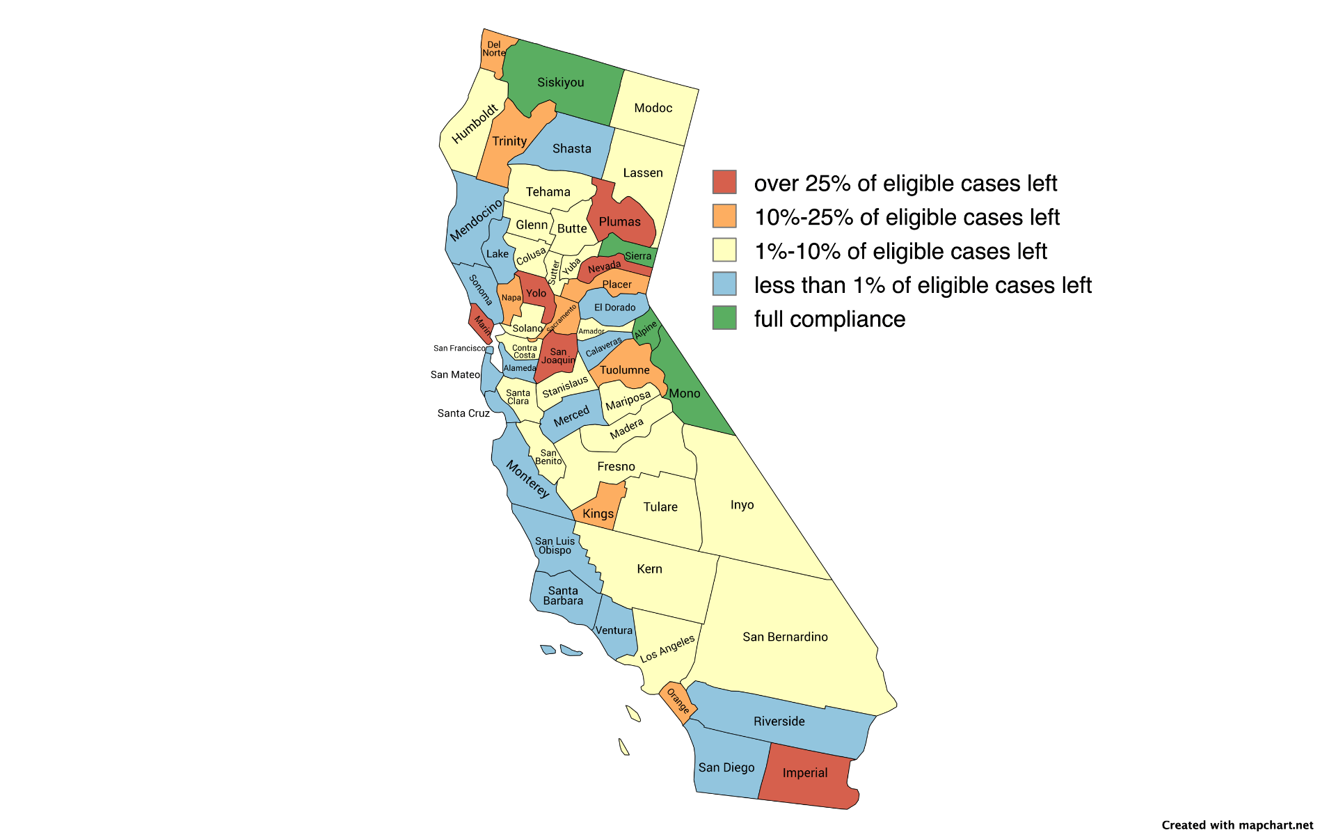 A map of California counties by percentage of eligible cannabis cases expunged from 2019 to March 2024.