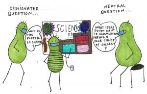 cartoon of bugs at a poster session. One asking an opinionated question asks, "Why is the poster so chaotic?" Another asking a neutral question asks, "What ideas do you want to communicate through your choice of colors?"