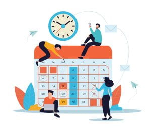 Image of people planning around a clock and calendar