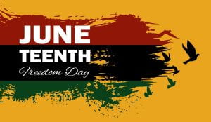 Image reading Juneteenth Freedom Day, with red, black, and green design flowing into flying birds, on a gold background, 