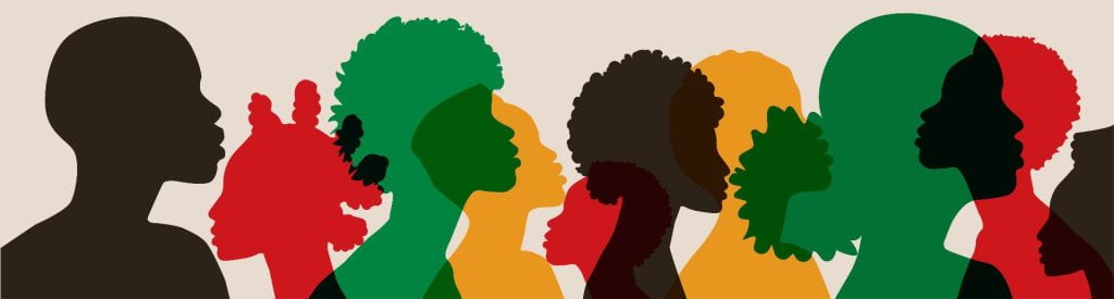 Silhouetted heads of black African and African American men and women in black, red, green and gold.