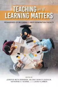 Book cover for Teaching as if Learning Matters, an overhead view of five students studying at a round table.