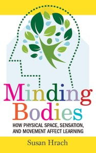 Book cover for Minding Bodies, an abstract outline of a human head with dancing leaves inside.