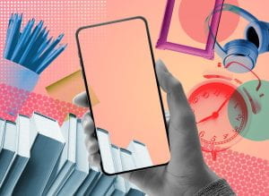 Stylized image of smartphone and school supplies