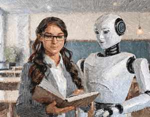 AI-generated image that looks like an oil painting of a female professor and an android.