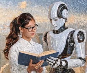 AI-generated image that looks like an oil painting of an android and girl looking at a book.