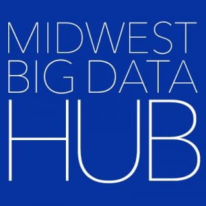 A photo of a blue logo that reads "Midwest Big Data Hub".
