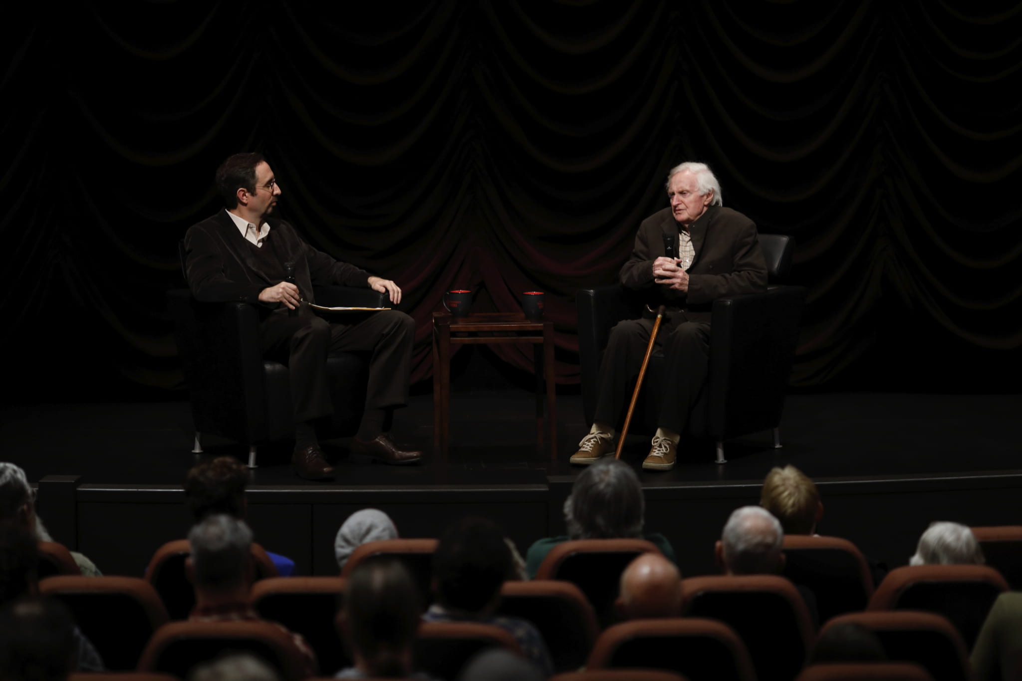 Craig Simpson and John Boorman on-stage during Jorgensen Guest Filmmaker Lecture on October 28, 2016.