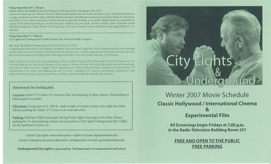 Front and back of an early City Lights and Underground Film flyer