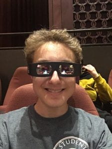 Jesse Pasternack wearing 3D glasses at IU Cinema