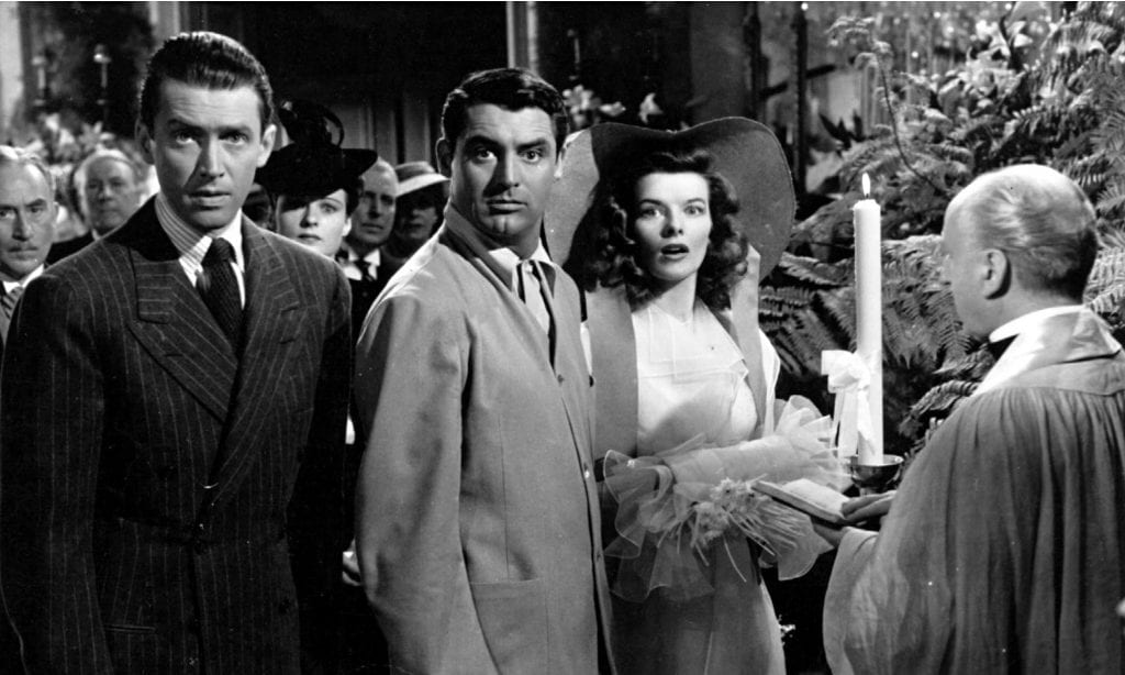Still Image of James Stewart, Cary Grant and Katharine Hepburn from The Philadelphia Story directed by George Cukor.