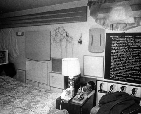 The Vogels’ bedroom with works by Leo Valledor, Gary Stephan, Richard Tuttle, Robert Mangold, Alan Saret, Ron Gorchov, Joseph Kosuth, Vito Acconci, Joseph Beuys, and Peter Hutchinson, among others, ca. 1975.