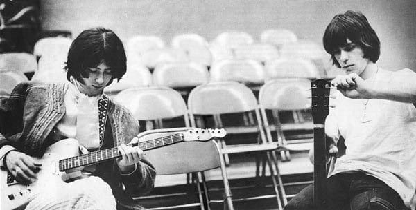 Jimmy Page (left) and Jeff Beck (right) tuning up before a Yardbirds gig