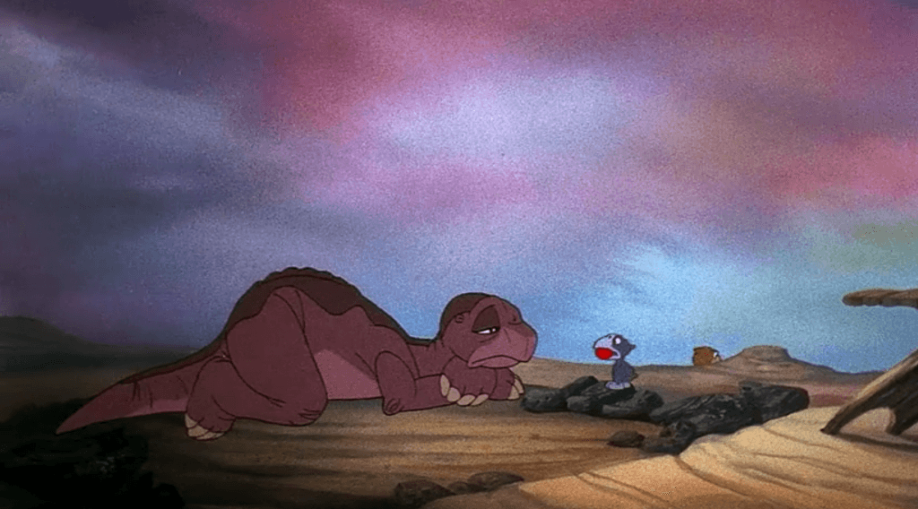 Littlefoot grieves after his mother passes away and forgets about his hunger completely.