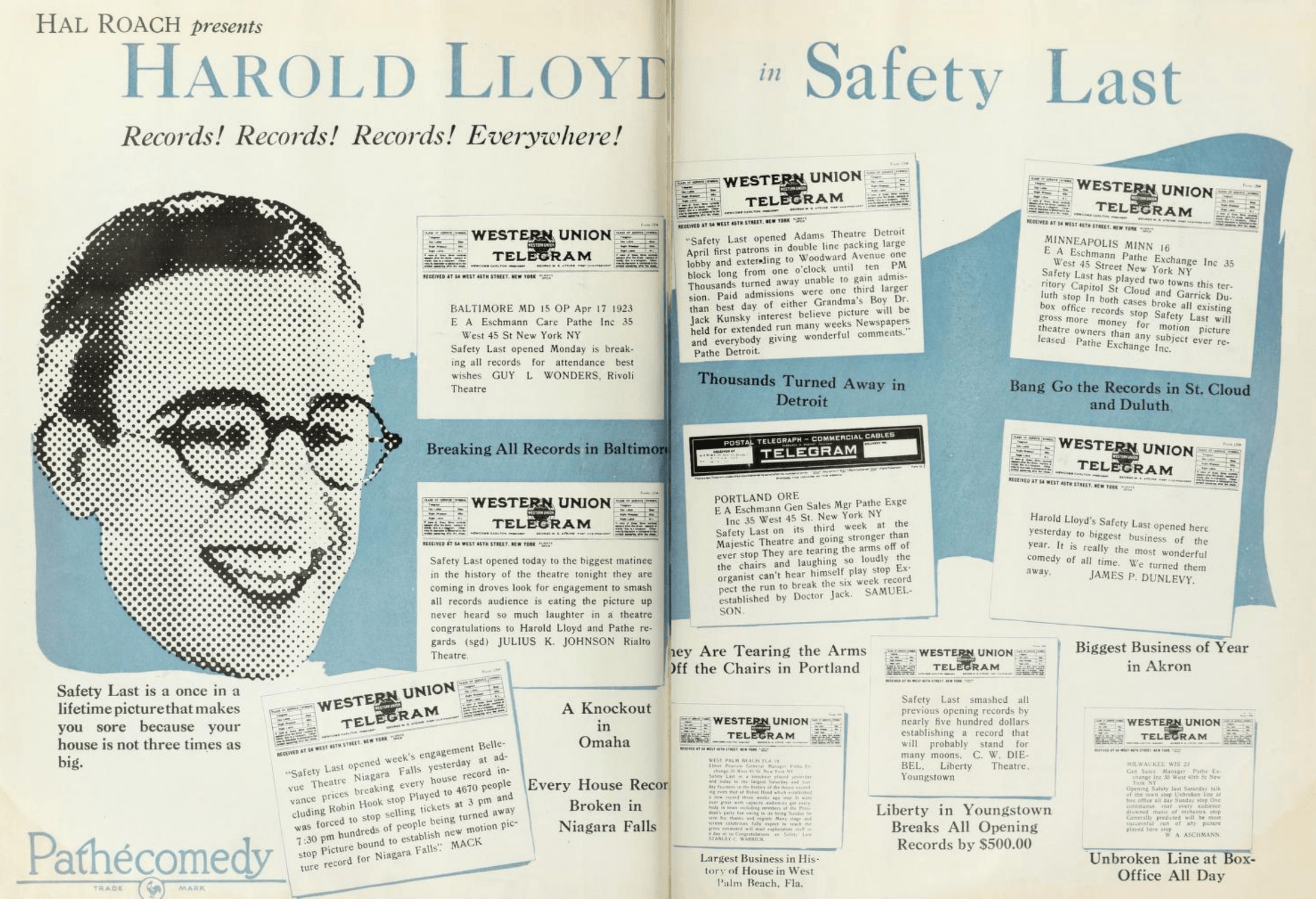 Advertisement in Film Daily, a motion picture trade publication, from June 10, 1923 recounting Safety Last's record breaking sales.