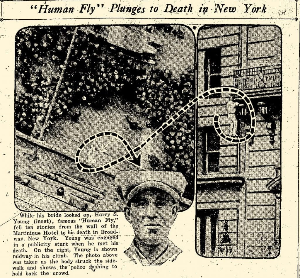 Harry Young falls to his death promoting Safety Last. Article from the Atlantic News Telegraph in Iowa on March 8, 1923.