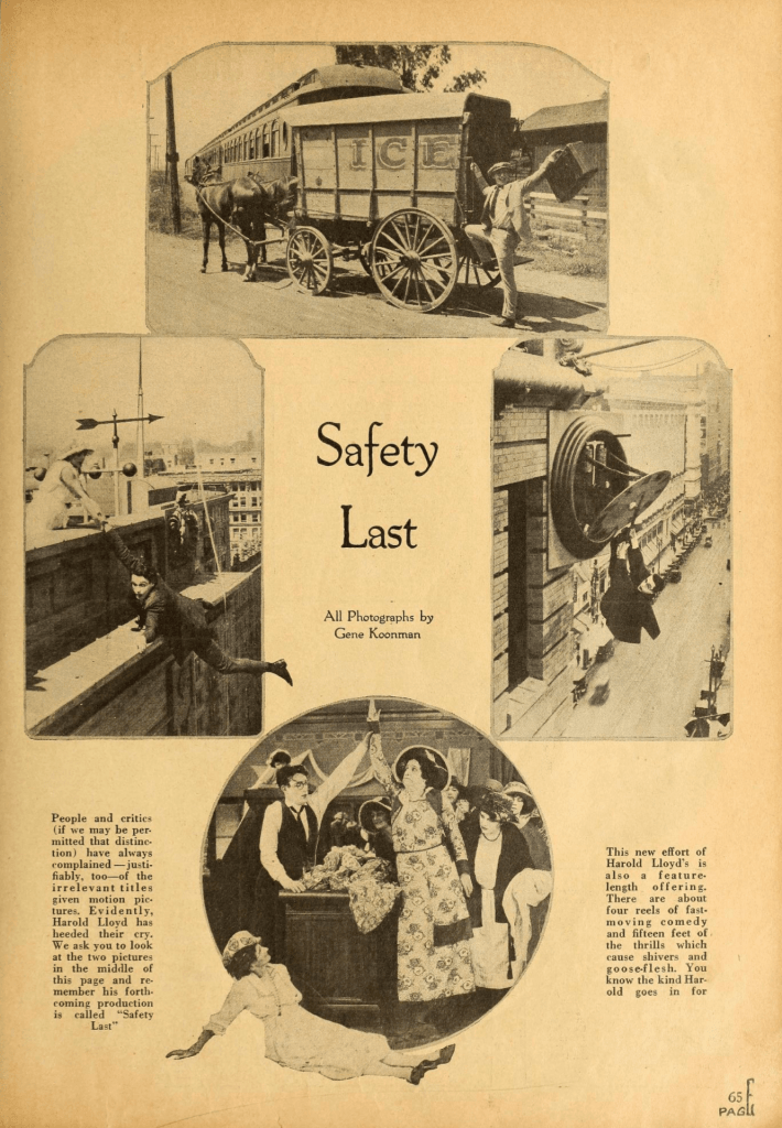 Article from Motion Picture Magazine in February 1923 extolling the appropriate title of Safety Last.