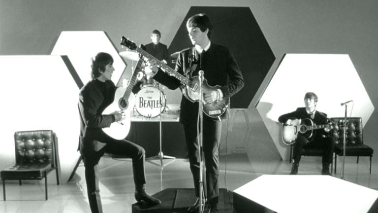 The Beatles performing in A Hard Day's Night (1964).