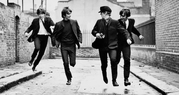 Still of The Beatles running in A Hard Day's Night (1964).