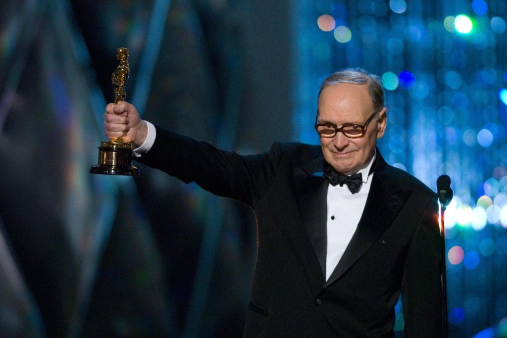 Ennio Morricone with his Academy Award for The Hateful Eight.