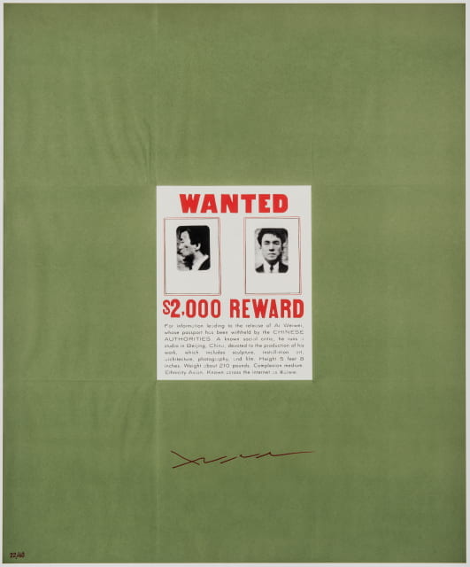 Ai Weiwei (Chinese, born 1957). Wanted, 2014 (based on a 1923/1963 work by Duchamp). Color lithograph on paper, image: 22 15/16 x 19 in., sheet: 23 15/16 x 20 in. Museum purchase with funds from the Thomas T. Solley Endowed Fund for Asian Art and the Clarence W. and Mildred Long Art Purchase Fund, Eskenazi Museum of Art, Indiana University 2018.10