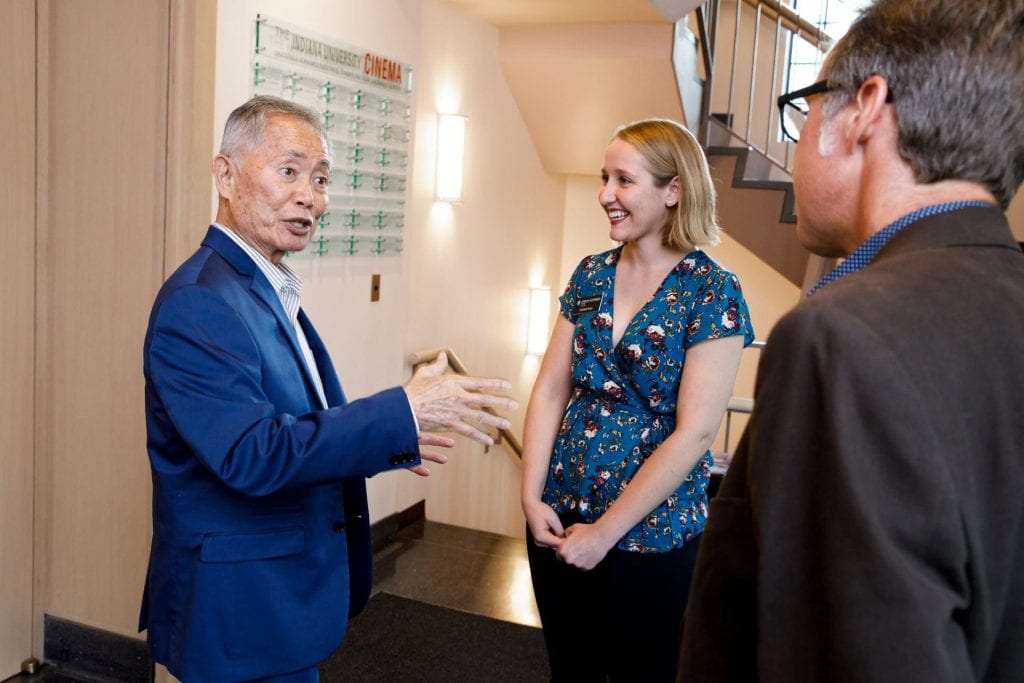 Elizabeth Roell with George Takei and Founding Director Jon Vickers in the IU Cinema lobby