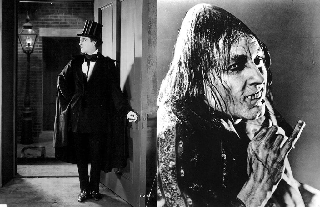 John Barrymore in the 1920 silent version, as Jekyll (left) and Hyde (right): a triumph of stage makeup and hammy acting.