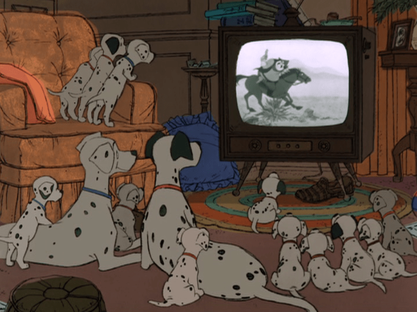 Pongo watches television with his family in One Hundred and One Dalmatians