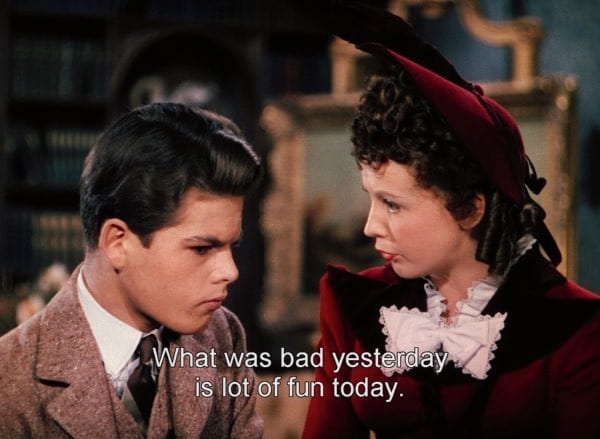 Still from Heaven Can Wait with closed captioning that says "What was bad yesterday is lot of fun today."