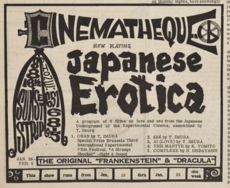 Japanese Erotica programmed by Iimura, Los Angeles Free Press January 20, 1967