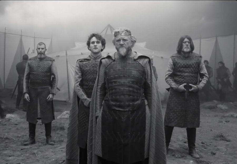 Duncan (Brendan Gleeson) and Malcolm (Harry Melling) wearing medieval dress in The Tragedy of Macbeth