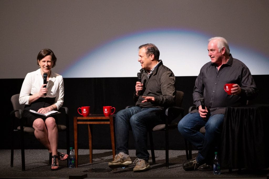 Jessica onstage with filmmaker Rod Lurie and film composer Larry Groupé in 2019