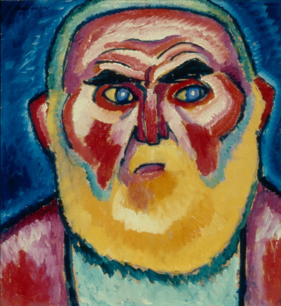 A colorful painting of a pensive-looking man with a yellow beard