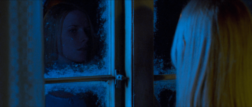 Screenshot from The Descent. Sarah, the main character, looks at her reflection in a dark window at night