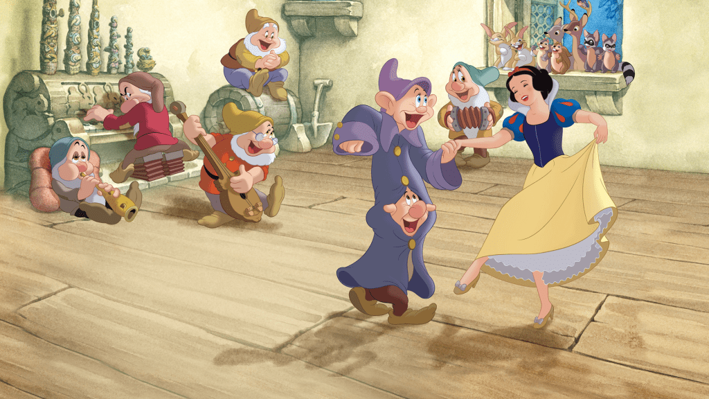 An animated still of various dwarves playing music and dancing with a woman
