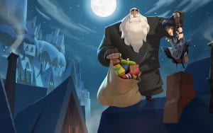 A man stands on a roof with a bag of toys and holds another man over a chimney opening