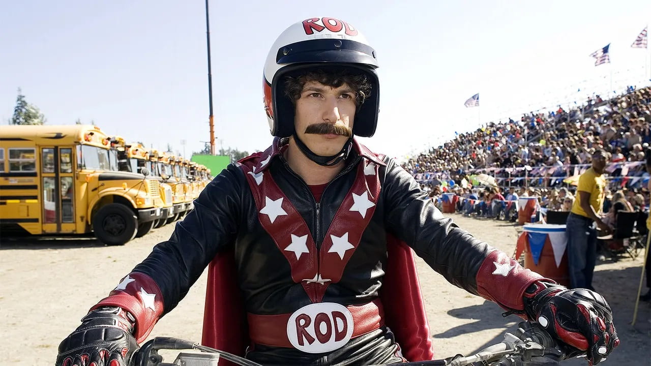 Andy Samberg as Rod Kimble on his motorcycle