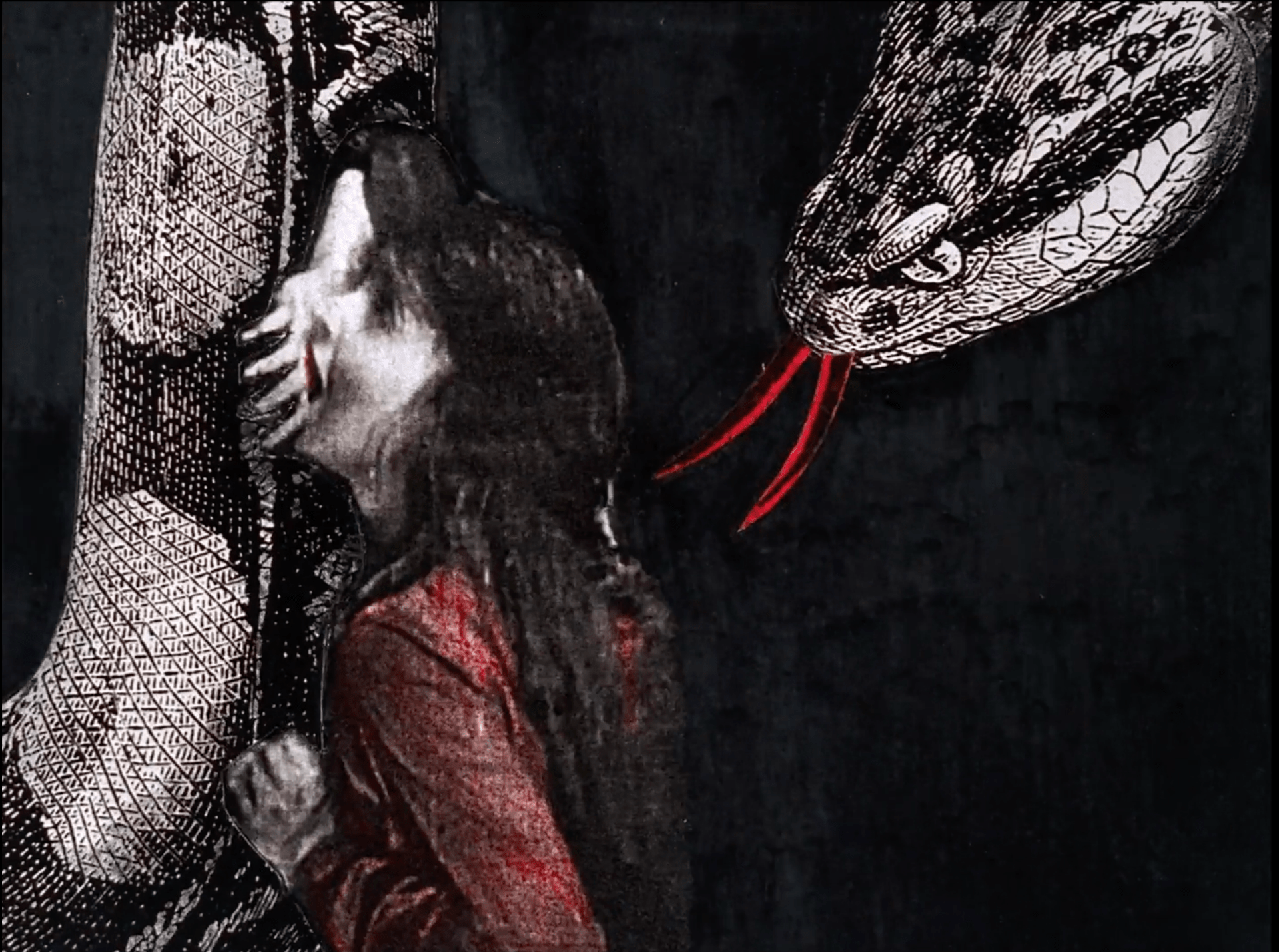 Lillian Gish leans against the body of a giant snake, crying. Her dress and the snake's tongue are handpainted red while the rest of the image is black and white.