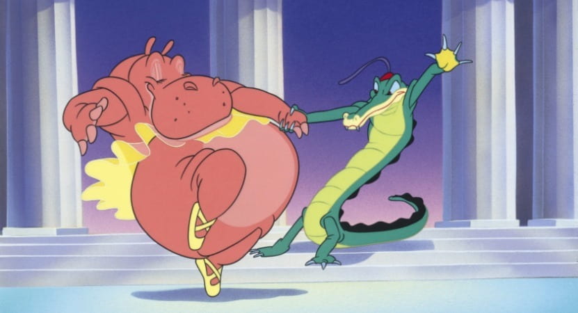 A hippo in a ballerina outfit dances with an alligator