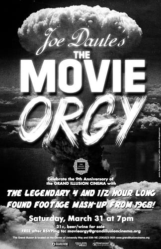 Black-and-white poster depicting a mushroom cloud behind text advertising Joe Dante's The Movie Orgy