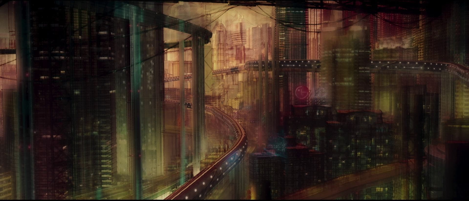 A train runs through a futuristic cityscape