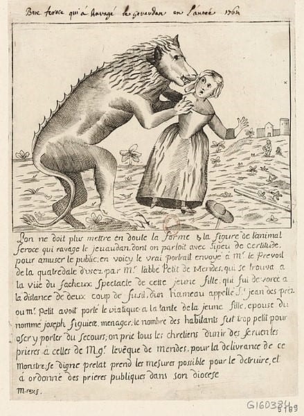 A wolf image of the The Beast of Gévaudan attacking a person