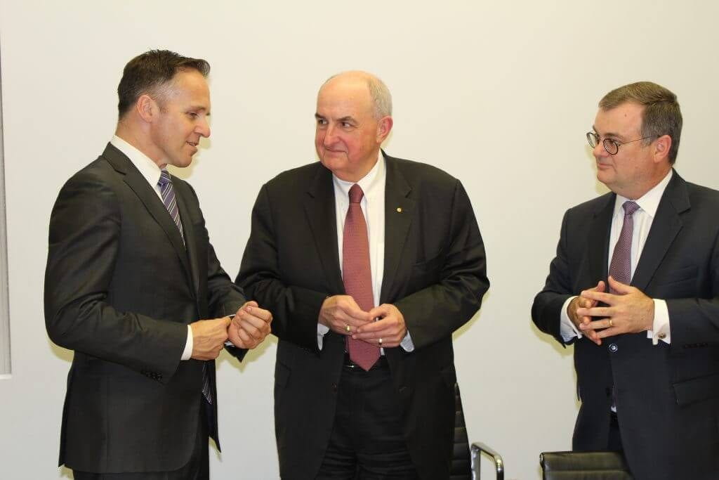 From left: Simon Jackman, CEO of the United States Studies Centre at the University of Sydney, IU President Michael A. McRobbie and Mark Baillie, chairman of the center.