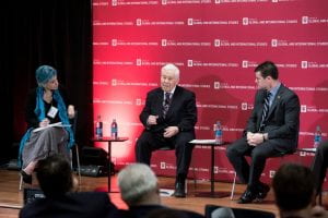 Former Sen. Richard Lugar, center, discusses food security during one of the conference sessions. Photo by Ann Schertz