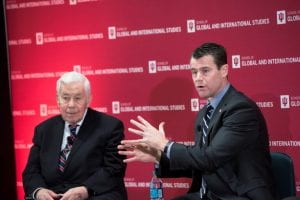 Todd Young, right, and Richard Lugar address the America's Role in the World conference at the School of Global and International Studies at IU Bloomington. Photo by Ann Schertz