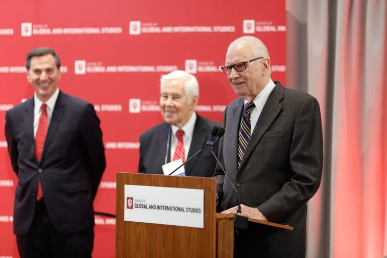 Former Sen. Dick Lugar (middle) and former Rep. Lee Hamilton (right) at last year's America's Role in the World Conference.