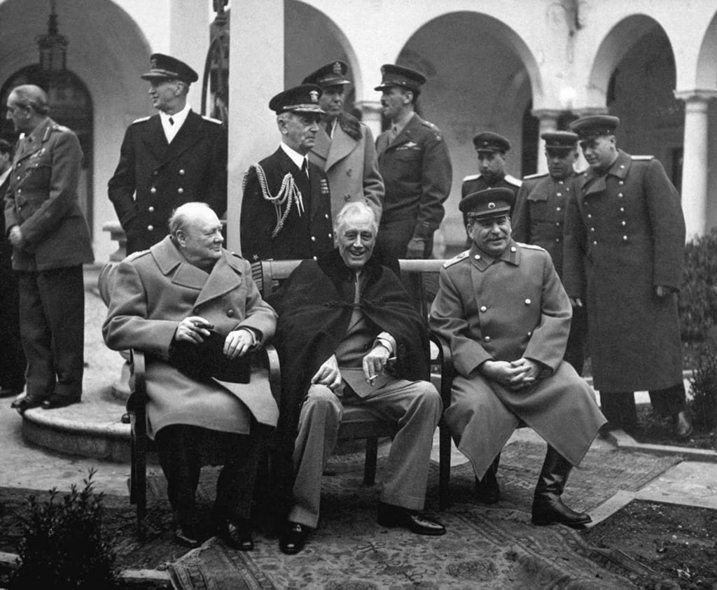 British Prime Minister Winston Churchill, U.S. President Franklin Roosevelt, and Soviet leader Joseph Stalin met at Yalta in February 1945 and agreed to veto power by the ‘big five.’  National Archives and Records Administration