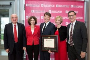 Jefferson and Mary Shreve, third and fourth from left, stand with IU President Michael A. McRobbie and first lady Laurie Burns McRobbie and Hamilton Lugar School Dean Lee Feinstein.