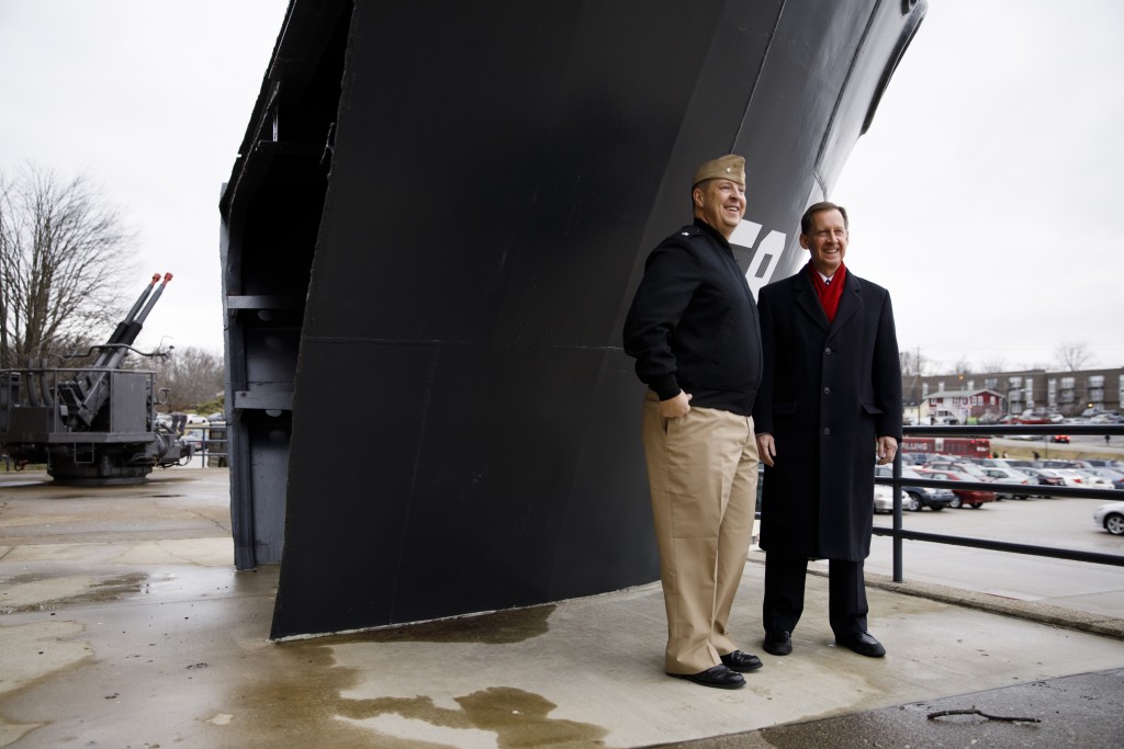 Indiana University Assistant Vice President for Strategic Partnerships Kirk White, right, gives USS Indiana (SSN-789) Commander Jesse J. Zimbauer a tour of the prow of the USS Indiana (BB-58), a WWII-era battleship, at Memorial Stadium at Indiana University Bloomington on Tuesday, Jan. 10, 2017. The USS Indiana (SSN-789) is a Virginia-class submarine expected to be christened in April and commissioned sometime in 2018.